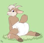  anthro blue_eyes blush bovid butt caprine cuddlehooves diaper diaper_only goat grass hi_res hooves horn kneeling looking_at_viewer looking_back male mammal plant rear_view solo tongue tongue_out 