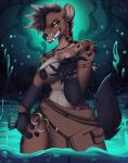  absurd_res anthro areola black_areola black_nipples breasts clothing detailed_background fangs female fluffy fluffy_tail hi_res hyaenid ineffective_clothing litchie_d looking_at_viewer mammal nipples smoke solo teasing teeth water 