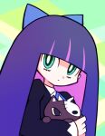  1girl aqua_eyes bangs blue_bow blunt_bangs bow bright_pupils closed_mouth hair_bow holding holding_stuffed_toy honekoneko_(psg) long_hair long_sleeves multicolored_hair official_style panty_&amp;_stocking_with_garterbelt pink_hair purple_hair solo stocking_(psg) stuffed_animal stuffed_cat stuffed_toy suta_(clusta) two-tone_hair upper_body white_pupils 