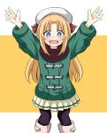  1girl :d \o/ arms_up bangs beret black_legwear blonde_hair blue_eyes blush boots brown_scarf coat commentary_request disconnected_mouth duffel_coat eyebrows_visible_through_hair feet_out_of_frame game_center_shoujo_to_ibunka_kouryuu green_coat happy hat lily_baker long_hair long_sleeves looking_at_viewer open_mouth outstretched_arms pantyhose pleated_skirt scarf skirt smile solo standing two-tone_background white_background white_footwear white_headwear white_skirt yellow_background yuu_kurema 