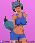  2020 absurd_res anthro blue_body blue_hair blush brand_new_animal brown_body brown_fur canid canine clothed clothing digital_media_(artwork) eyes_closed female fluffy fluffy_tail fur hair hi_res mammal michiru_kagemori navel netflix raccoon_dog smile solo studio_trigger tanuki zacart41 