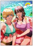  2girls aqua_bikini aqua_eyes bare_shoulders bikini bikini_top blonde_hair breasts brown_bikini brown_eyes brown_hair earrings heart highres jewelry long_hair looking_at_viewer medium_breasts multiple_girls navel off_shoulder okada_(hoooojicha) one-piece_swimsuit original parted_lips purple_swimsuit rainbow selfie short_hair smile swimsuit water 