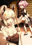  2girls absurdres adapted_costume alternate_costume animal_ears apron ayanami_(azur_lane) azur_lane backless_outfit bangs bare_shoulders blonde_hair blush breasts bunny_ears choker cloth club_hair_ornament collarbone commentary_request detached_sleeves enmaided eyebrows_visible_through_hair fake_animal_ears frilled_apron frilled_hairband frills green_eyes hair_between_eyes hair_intakes hair_ornament hairband hat heart heart_hair_ornament highres javelin_(azur_lane) long_hair looking_at_viewer maid medium_breasts multiple_girls open_mouth orange_eyes ponytail puffy_short_sleeves puffy_sleeves purple_hair short_sleeves smile sora_(men0105) underbust waist_apron wide_sleeves wrist_cuffs 