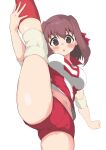  1girl :o absurdres bangs blush breasts brown_eyes brown_hair commentary cowboy_shot elbow_pads girls_und_panzer headband highres knee_pads kondou_taeko large_breasts leg_hug leg_up looking_at_viewer medium_hair midriff_peek navel open_mouth red_headband red_shirt red_shorts shirt short_shorts shorts simple_background sleeveless sleeveless_shirt solo split sportswear standing standing_on_one_leg standing_split volleyball_uniform white_background yabai_gorilla 