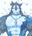  abs annoyed anthro blue_body blue_fur breke canid canine canis collar cross-popping_vein fur male mammal nipples pecs solo tokyo_afterschool_summoners video_games wolf yan200075 