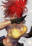  1girl bangs bare_shoulders black_gloves breasts cargo_pants cleavage crop_top dog_tags earrings fighting_stance gloves high_ponytail hungry_clicker jewelry large_breasts leona_heidern looking_to_the_side muscular muscular_female necklace pants red_eyes red_hair tank_top the_king_of_fighters triangle_earrings yellow_tank_top 