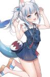  1girl :d animal_ear_fluff animal_ears arms_up bag bangs bare_arms bare_legs bare_shoulders blue_eyes blue_nails blue_skirt blue_vest blunt_bangs blush cat_ears claw_pose eyebrows_visible_through_hair fish_tail gawr_gura handbag high-waist_skirt highres hololive hololive_english jumping kemonomimi_mode looking_at_viewer machi_(7769) nail_polish official_alternate_costume open_mouth ponytail revision sandals shark_tail sharp_teeth shoulder_bag sidelocks skirt smile solo tail teeth upper_teeth v-shaped_eyebrows vest virtual_youtuber 