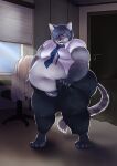  absurd_res anthro azumaonfire belly big_belly big_butt blinds blue_hair bulge butt claws clothed clothing detailed_background domestic_cat door felid feline felis fur grey_body grey_fur hair hi_res inside male mammal moobs navel necktie obese obese_anthro obese_male open_mouth overweight overweight_anthro overweight_male solo spots spotted_body spotted_fur standing struggling teeth tight_clothing tongue underwear window 