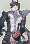  anthro balls bodily_fluids chest_tuft clenched_teeth cum cum_on_viewer cumming_at_viewer cumshot dragon ejaculation erection eyes_closed foreskin fur furred_dragon genital_fluids genitals grey_body hi_res horn humanoid_genitalia humanoid_penis keone_(eastwestdergs) lion21 male masturbation messy muscular muscular_anthro muscular_male nude orgasm orgasm_face penile penile_masturbation penis simple_background solo standing tail_tuft teeth tuft uncut 
