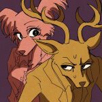  1:1 2021 anthro antlers beastars bodily_fluids canid canine canis cervid crescendeon duo female hi_res horn juno_(beastars) louis_(beastars) male mammal sweat wolf 