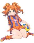  1girl :o ball bangs blue_eyes cleats eyebrows_visible_through_hair highres holding holding_ball idolmaster idolmaster_(classic) inoue_sora jersey open_mouth orange_footwear orange_hair orange_shorts shorts sitting soccer_ball soccer_uniform solo sportswear striped takatsuki_yayoi twintails white_background 