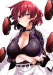  1girl arms_under_breasts belt black_shirt blush breasts cleavage collarbone commentary_request drum drumsticks earrings highres holding holding_drumsticks horikawa_raiko instrument jacket jewelry large_breasts looking_at_viewer plaid red_eyes red_hair rihito_(usazukin) shirt short_hair simple_background skirt smile solo touhou upper_body white_background white_jacket white_skirt 