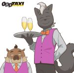  alcohol anthro beverage bodily_fluids bow_tie champagne clothing ear_piercing ear_ring hi_res kensuke_shibagaki_(odd_taxi) male mammal mephitid mugicaan1 odd_taxi official_art piercing shun_imai_(odd_taxi) simple_background skunk smile suid suina sus_(pig) sweat sweatdrop topwear tusks vest waiter wild_boar 