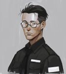  1boy black_eyes black_hair black_shirt cheetahman_(1ddghfr78cswc) disco_elysium expressionless glasses grey_background hair_slicked_back highres kim_kitsuragi male_focus necktie parted_lips round_eyewear shirt short_hair simple_background solo undercut 