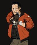  1boy bandages bandaid bandaid_on_nose belt black_background black_hair bomber_jacket bulletproof_vest cheetahman_(1ddghfr78cswc) disco_elysium flashlight glasses gloves gun hair_slicked_back highres injury jacket kim_kitsuragi male_focus pants parted_lips pointing_weapon round_eyewear short_hair simple_background solo undercut weapon 