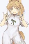  1girl :d animal_ears blonde_hair blush_stickers breasts bright_pupils contrapposto cowboy_shot fox_ears fox_shadow_puppet fox_tail grey_background hair_between_eyes hands_up highres kudamaki_tsukasa kujikimi looking_at_viewer medium_breasts open_mouth romper short_hair simple_background sketch smile solo tail touhou white_jumpsuit yellow_eyes 