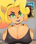  activision anthro bandicoot berkthejerk big_breasts blonde_hair breasts cleavage clothed clothing coco_bandicoot crash_bandicoot_(series) duo ear_piercing eyeshadow female hair hand_on_breast hi_res huge_breasts industrial_piercing lips lipstick looking_at_viewer makeup male male/female mammal marsupial open_mouth open_smile piercing ponytail seductive sex smile thick_bottom_lip titfuck video_games 