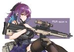  1girl bangs black_legwear brown_eyes fatkewell food garter_straps gloves gun holding holding_gun holding_weapon knee_pads long_hair mouth_hold original pocky ponytail purple_hair rifle scope sitting solo thighhighs trigger_discipline weapon 