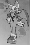  &lt;3 anthro breasts chiropteran cleavage clothed clothing female hi_res jacket low-angle_view mammal monochrome nanojam open_clothing open_jacket open_topwear rouge_the_bat solo sonic_the_hedgehog_(series) topwear wings 
