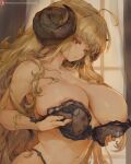  1girl ahoge anila_(granblue_fantasy) areola_slip areolae black_footwear blonde_hair bra breasts brown_eyes cutesexyrobutts draph granblue_fantasy highres horns huge_breasts lace lace_bra long_hair looking_down parted_lips skindentation solo thick_eyebrows underwear upper_body 