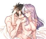  1boy 1girl absurdres after_sex breasts brown_hair closed_eyes commission completely_nude hand_on_another&#039;s_head hetero hickey highres hiiragi_shinoa hyakuya_yuuichirou jewelry long_hair muscular nude on_bed owari_no_seraph purple_hair ring scratches smile yuunoaboi21 