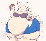  2021 aggressive_retsuko anthro belly big_belly bra breasts canid canine clothed clothing eating female fennec fenneko food fox hi_res holding_food holding_object kelpu_(artist) mammal morbidly_obese morbidly_obese_anthro morbidly_obese_female obese obese_anthro obese_female overweight overweight_anthro overweight_female sanrio simple_background underwear 