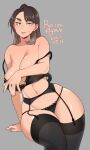  1girl 2021 agawa_ryou bare_shoulders black_bra black_panties bra breasts brown_hair dated garter_straps grey_background lace lace_bra large_breasts lips looking_at_viewer navel original panties simple_background smile solo sweatdrop thick_thighs thighs underwear 