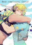  2boys baixie battle_tendency birthday blonde_hair blue_gloves blue_jacket blue_shirt brown_hair caesar_anthonio_zeppeli character_name closed_eyes cloud crop_top cropped_jacket facial_mark feathers fingerless_gloves gloves green_scarf hair_feathers happy_birthday headband hug italian_text jacket jojo_no_kimyou_na_bouken joseph_joestar_(young) male_focus midriff multiple_boys mutual_hug no_headband scarf shirt short_hair short_sleeves sleeveless star_(symbol) striped striped_scarf upper_body 