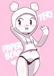  &lt;3 4_fingers anthro blush bottomwear breasts cartoon_network clothed clothing disfigure english_text eyelashes female fingers hand_behind_head hi_res hoodie jacket looking_away mammal navel open_mouth open_smile panties paper pink_background pink_eyes pose simple_background small_breasts smile solo standing teri_(tawog) text the_amazing_world_of_gumball thick_thighs tongue topwear underwear ursid wide_hips 