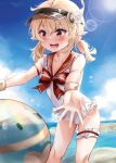 1girl :d absurdres ball beachball blonde_hair blue_sky cloud day furong_(furong_0) genshin_impact highres klee_(genshin_impact) ocean one-piece_swimsuit open_mouth outdoors pointy_ears red_eyes short_hair short_twintails sky smile solo standing sunlight swimsuit teeth thighs twintails upper_teeth visor_cap white_one-piece_swimsuit 