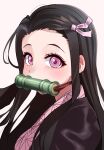  1girl bit_gag blush brown_hair covered_mouth gag hair_ribbon haori highres igarashi_kyouhei japanese_clothes kamado_nezuko kimetsu_no_yaiba kimono long_hair looking_at_viewer looking_to_the_side pink_eyes pink_kimono pink_ribbon ribbon simple_background solo upper_body white_background 