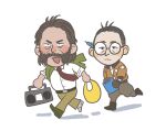  2boys :p bag beard belt black_hair blush blush_stickers bomber_jacket boombox boots brown_hair cheetahman_(1ddghfr78cswc) chibi disco_elysium ear_blush expressionless facial_hair glasses gloves hair_slicked_back harry_du_bois jacket jacket_removed kim_kitsuragi male_focus multiple_boys mutton_chops necktie nose_blush notebook pants pen plastic_bag round_eyewear shirt shoes short_hair simple_background tongue tongue_out undercut white_background white_shirt 