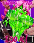  big_breasts bodily_fluids breasts clothing cum dart_(thecon) english_text female genital_fluids genitals goblin green_body hair hi_res humanoid legwear male nipples not_furry penis pink_hair pussy text thecon thigh_highs 