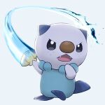  black_eyes commentary_request creature fangs full_body gen_5_pokemon highres holding open_mouth oshawott pokemon seashell shell shiroiurushi standing starter_pokemon toes tongue water water_drop 