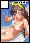  1girl amanogawa_kirara breasts brown_hair go!_princess_precure hairband long_hair looking_at_viewer maebari nadeara_bukichi navel one_eye_closed precure purple_eyes smile solo v 