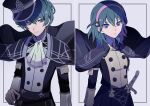 1boy 1girl alternate_costume blue_eyes byleth_(fire_emblem) byleth_(fire_emblem)_(female) byleth_(fire_emblem)_(male) cape dual_persona expressionless eyelashes fire_emblem fire_emblem:_three_houses garreg_mach_monastery_uniform green_hair hairband hat highres looking_at_viewer medium_hair official_alternate_costume peaked_cap sasa_kado_(redbluemoon74) sword upper_body weapon 