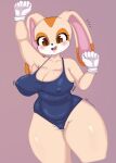  anthro big_breasts bouncing_breasts breasts brown_eyes butt_from_the_front camel_toe cleavage clothed clothing cream_the_rabbit doujinpearl female fur gloves handwear hi_res lagomorph leporid mammal nipple_outline one-piece_swimsuit open_mouth rabbit simple_background solo sonic_the_hedgehog_(series) swimwear tan_body tan_fur thick_thighs white_clothing white_gloves wide_hips 