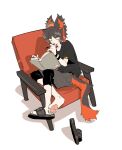  2020 aak_(arknights) anthro arknights barefoot black_hair book bottomwear chair clothing feet felid footwear furniture hair holding_book holding_object hypergryph kuroblood male mammal pawpads sandals shirt shorts simple_background sitting solo studio_montagne topwear video_games white_background 