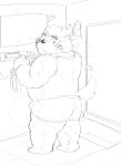  2021 anthro bathroom butt canid canine canis clothing domestic_dog hi_res inside kemono kipchin_2nd00 live-a-hero male mammal mokdai overweight overweight_anthro overweight_male sketch solo underwear video_games 