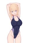  1girl armpits arms_behind_head arms_up bangs bare_shoulders blonde_hair blue_eyes blue_swimsuit blush breasts cleavage collarbone covered_navel covered_nipples highleg highleg_swimsuit highres jilu large_breasts looking_at_viewer one-piece_swimsuit open_mouth original short_hair smile swimsuit thighs 