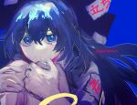  1girl artist_name blue_eyes blue_hair bow closed_mouth hair_between_eyes hair_bow hands_on_own_knees hood hoodie knees_to_chest long_hair looking_at_viewer sketch solo tearing_up touhou uouofishtown wristband yorigami_shion 