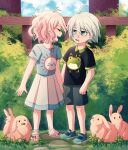  :d ahoge animal_print antenna_hair black_shirt blue_shirt blue_skirt bunny bush cheer_(cheerkitty14) child closed_eyes danganronpa_(series) danganronpa_v3:_killing_harmony day eating english_commentary facing_another frog_print grass grey_eyes highres iruma_miu keebo looking_at_another open_mouth outdoors pink_hair pink_ribbon pink_skirt ribbon sandals shirt shoes short_hair shorts skirt smile standing upper_teeth younger 