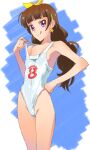  1girl amanogawa_kirara breasts brown_hair covered_navel earrings go!_princess_precure groin hairband highres jewelry long_hair looking_at_viewer nadeara_bukichi plastic_bag_swimsuit precure purple_eyes smile solo star_(symbol) star_earrings swimsuit 