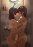  2girls absurdres bangs blush bob_cut brown_hair commentary from_side girls_und_panzer green_eyes half-closed_eyes hand_on_another&#039;s_thigh highres hora_maru_mate hoshino_(girls_und_panzer) imminent_kiss indoors looking_at_another medium_hair multiple_girls nude short_hair shower_head showering standing suzuki_(girls_und_panzer) wet wet_hair yuri 