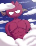  aircraft airplane ambiguous_gender cloud crooked_horn demon demon_humanoid frown hair haze_(quivster) head_tuft hi_res horn humanoid looking_down macro male moon nipples pecs quivster red_body red_eyes red_hair sky solo star starry_sky tuft 