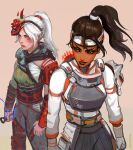  2girls absurdres apex_legends beige_background blush brown_hair crafty_kitsune_rampart dark_skin dark_skinned_female demon&#039;s_whisper_wraith electricity english_commentary floating_hair headband highres holding holding_knife knife kunai looking_to_the_side mask mask_on_head multiple_girls nose_piercing nose_ring official_alternate_costume official_alternate_hairstyle oni_mask parted_lips peter_chai piercing ponytail rampart_(apex_legends) silver_eyes smile tooth_gap weapon white_hair white_headband wraith_(apex_legends) 