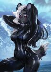  2021 anthro black_hair breasts canid canine clothed clothing day detailed_background digital_media_(artwork) eyebrows eyelashes female hair mammal outside red_eyes sky smile solo sorafoxyteils standing white_hair 