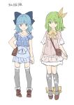  &gt;:) 2girls bag bangs black_bow blue_eyes blue_hair blue_shirt blue_skirt bow brown_dress brown_footwear brown_ribbon cirno closed_mouth daiyousei dress eyebrows_visible_through_hair green_eyes green_hair grey_legwear hair_between_eyes hair_bow hair_ribbon highres kneehighs looking_at_viewer multiple_girls one_side_up ribbon risui_(suzu_rks) shirt shoes short_sleeves shoulder_bag simple_background skirt smile standing thighhighs touhou translation_request v-shaped_eyebrows white_background 