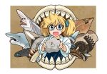  1girl akai_sashimi black_shirt blonde_hair blue_eyes fang fossil holding long_hair long_sleeves looking_at_viewer mizunami_fossil_museum mizunami_mio open_mouth rock shark shirt smile solo twintails upper_body white_shirt 