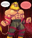 abs angry anthro belt blue_eyes bottomwear bulge clothed clothing digimon digimon_(species) ear_piercing ear_ring english_text felid hi_res hyenaface jewelry leomon lion male mammal muscular muscular_anthro muscular_male necklace nipples pantherine pants partially_clothed pecs piercing restrained shirtless solo text 